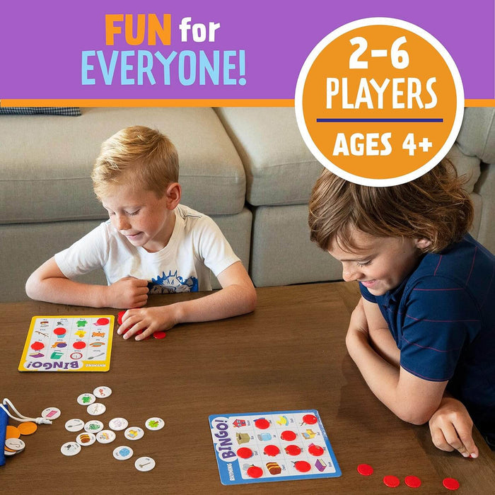 Two boys play a rhyming bingo game with colorful cards and red markers. Graphic says 2-6 players, ages 4 plus.