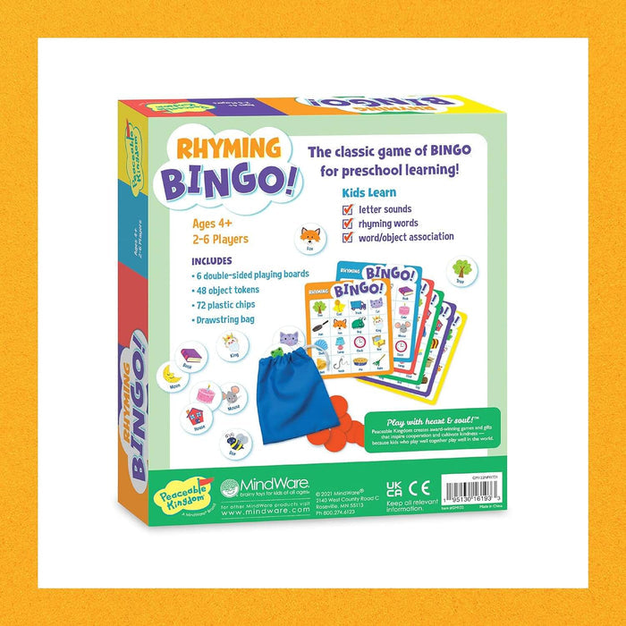 Green game box for Rhyming Bingo featuring colorful cartoon illustrations, bingo cards, and a blue drawstring bag.