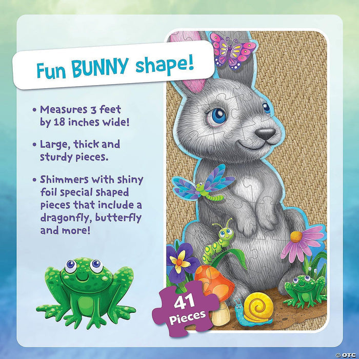 Grey bunny-shaped floor puzzle with 41 shimmery foil pieces, featuring colorful garden friends like a frog and butterfly.