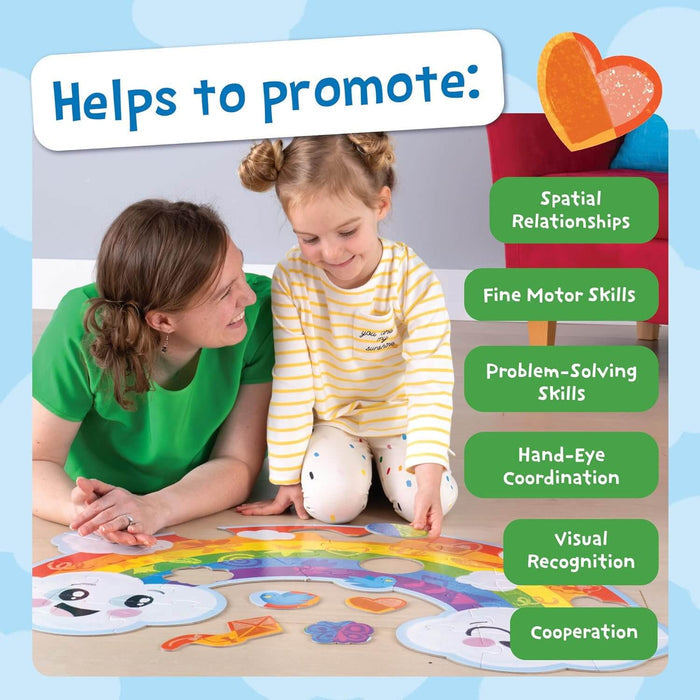 Child and adult assembling a large rainbow floor puzzle with text highlighting developmental benefits.