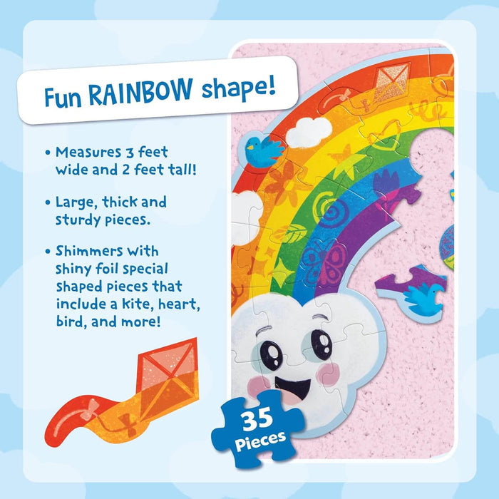 Promotional graphic for a 35-piece rainbow floor puzzle featuring shiny foil shaped pieces and a smiling cloud.