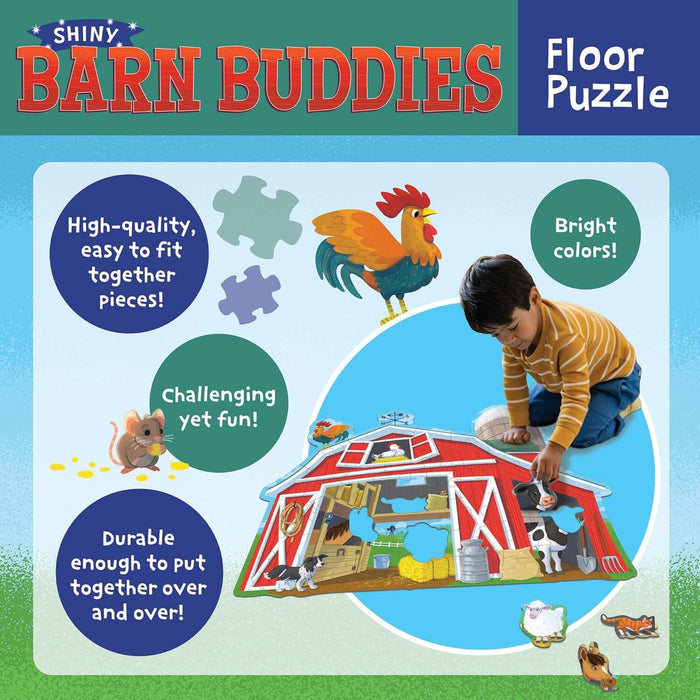 Child building a colorful barn-shaped floor puzzle with farm animals, including a cow, dog, and rooster.