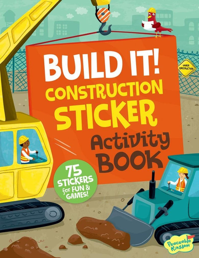 Construction sticker book cover with yellow and blue vehicles, workers, and a large orange BUILD IT! sign.