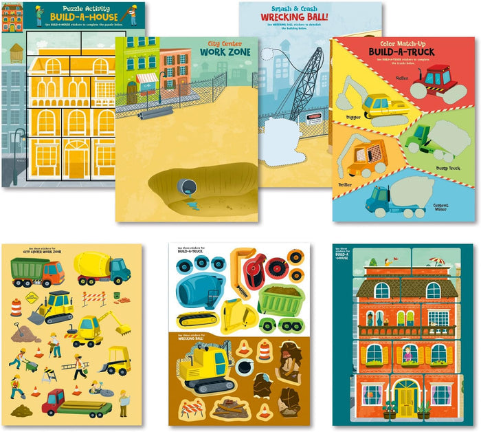 Colorful construction-themed activity book pages and sticker sheets with trucks, workers, and building puzzles.