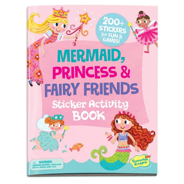 Pink sticker book cover with a blonde princess, red-haired mermaid, fairies, and bold colorful title text.