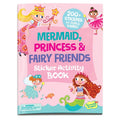 Pink sticker book cover with a blonde princess, red-haired mermaid, fairies, and bold colorful title text.
