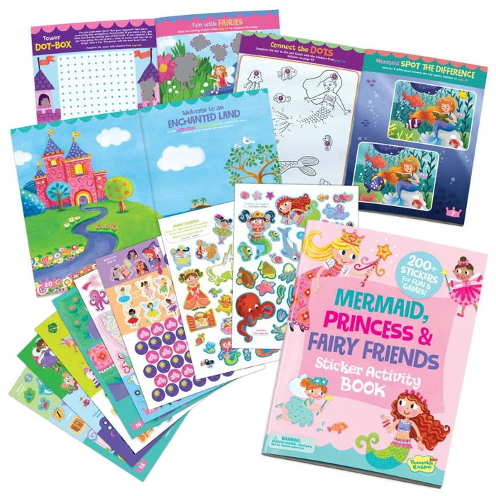 Pink activity book with mermaid and fairy stickers, game pages like spot the difference, and colorful fantasy scenes.