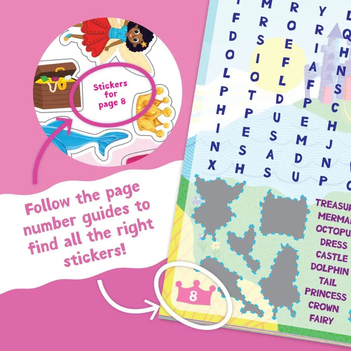 Pink activity book detail showing a word search, silhouettes, and sticker sheet with a mermaid, crown, and dolphin.