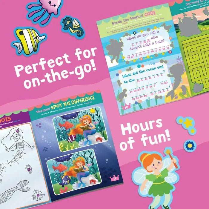 Open activity book with mermaid puzzles, spot the difference, and a fairy sticker on a bright pink background.