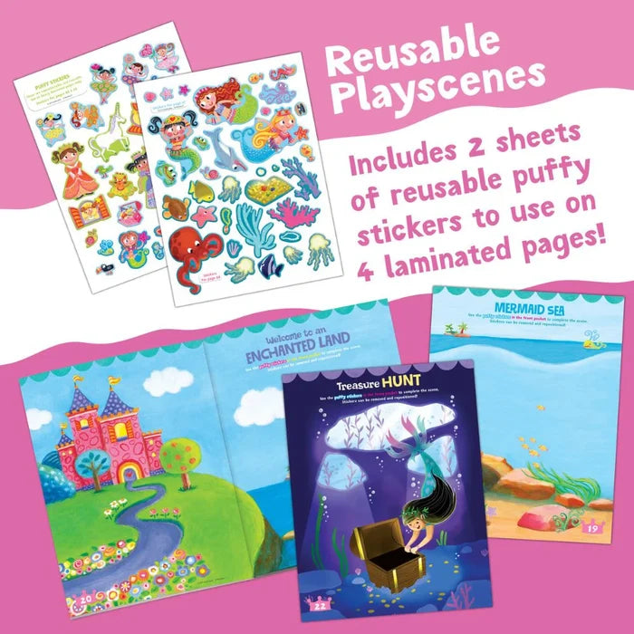 Two sheets of colorful puffy stickers and four laminated play scenes featuring a pink castle and underwater mermaid sea.