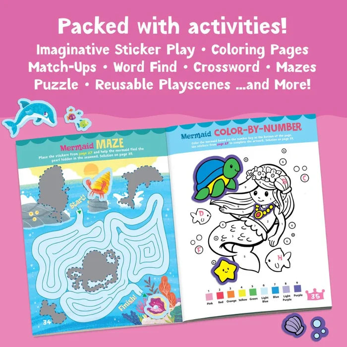 Pink background with an activity book open to a mermaid maze and a color-by-number page with sea animal illustrations.