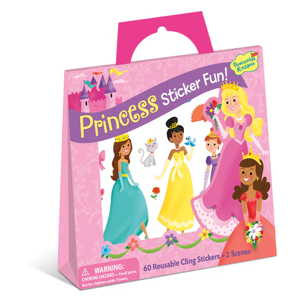 Pink tote-shaped sticker set featuring five princesses in colorful gowns with a castle in the background.