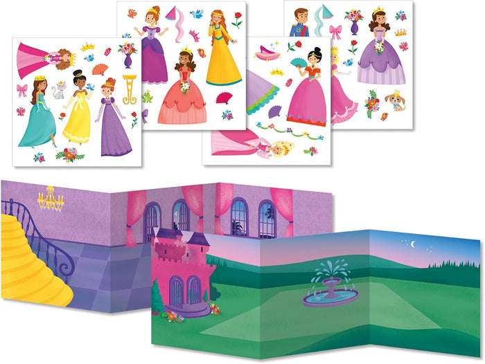 Four sticker sheets with princesses, a prince, and pets, plus a trifold castle interior and outdoor garden play scene.