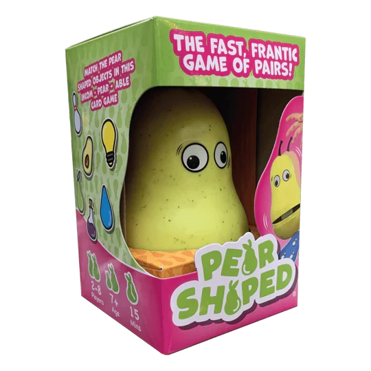 Green and pink Pear Shaped game box featuring a yellow pear-shaped toy with eyes and game illustrations.