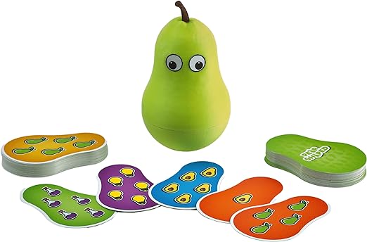 Green pear timer with googly eyes surrounded by colorful pear-shaped cards with fruit icons on a white background.