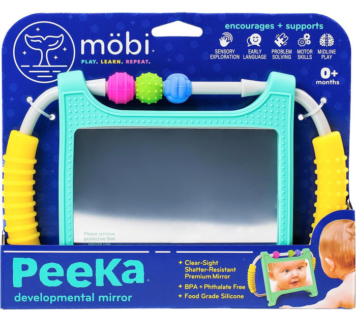 Teal developmental baby mirror with yellow side handles and colorful sensory beads on blue retail packaging.