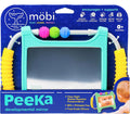 Teal developmental baby mirror with yellow side handles and colorful sensory beads on blue retail packaging.