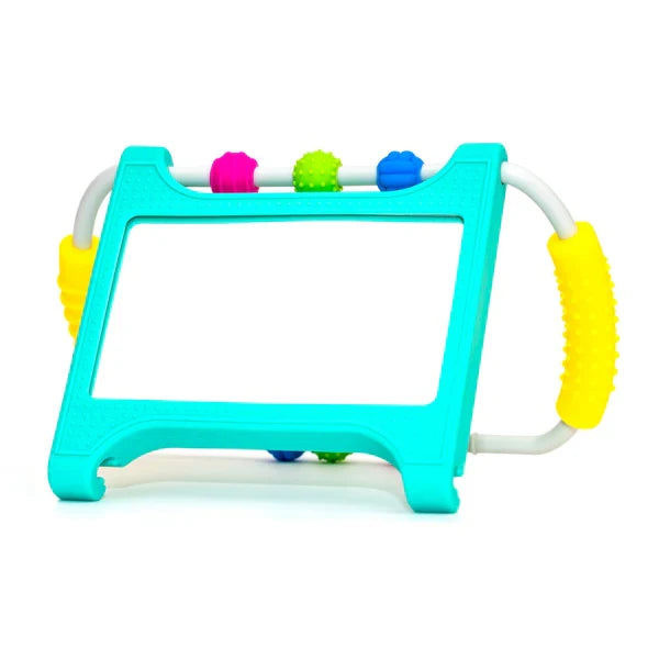 Teal baby mirror with three colorful sensory beads on top and a yellow textured side handle.