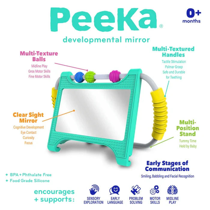 Teal rectangular baby mirror with colorful textured balls and yellow handles, labeled with developmental benefits.