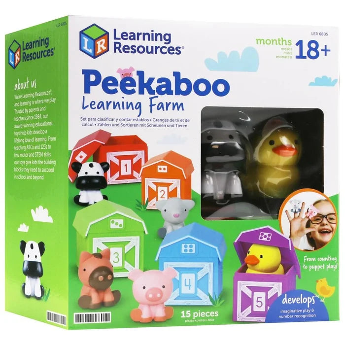 Toy box showing five colorful numbered barns and matching farm animal finger puppets for toddlers 18 months and up.
