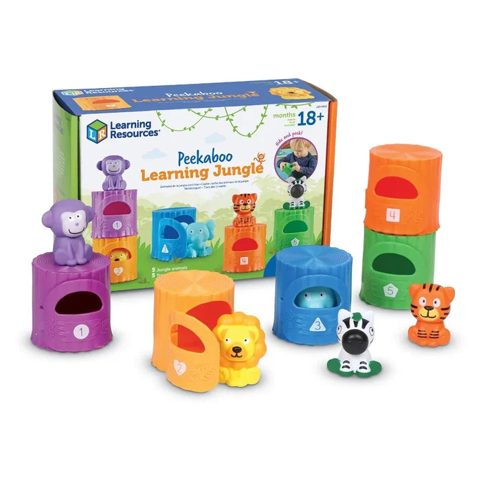 Five numbered tree trunks in various colors and matching animal figurines, shown with the illustrated product box.