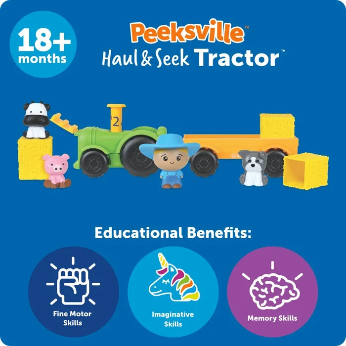 Green toy tractor and trailer set with farmer and animals. Includes fine motor, imaginative, and memory skill benefits.
