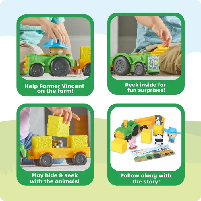 Four panels show a green toy tractor, yellow trailer, hay bales, farmer, animal figures, and a storybook.