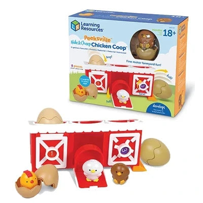 Red toy barn with numbered doors and colorful chicks in eggshells, shown beside its blue Learning Resources packaging.