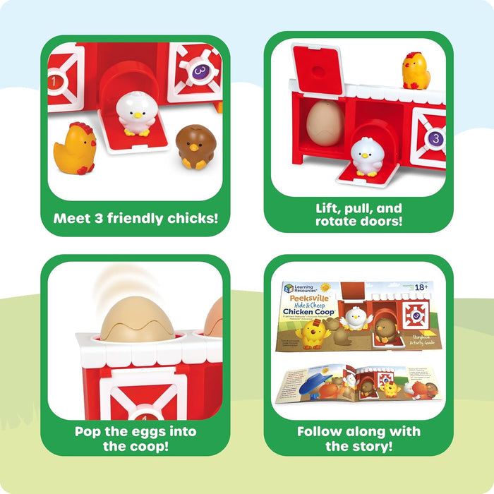 Red chicken coop toy set with colorful plastic chicks, eggs, interactive doors, and an illustrated activity storybook.