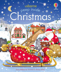 Colorful holiday book cover featuring Santa, elves in a red sleigh, and a snowy town under a starry night sky.