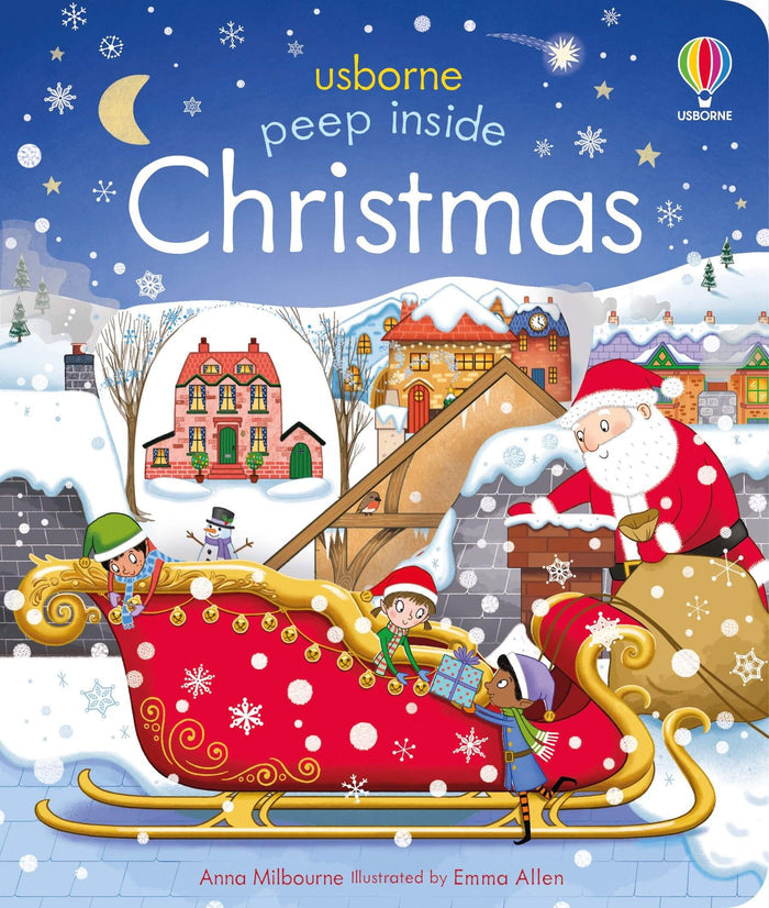 Colorful holiday book cover featuring Santa, elves in a red sleigh, and a snowy town under a starry night sky.