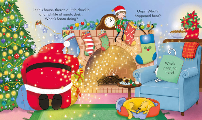Illustration of Santa by a fireplace with magic stars, a lit Christmas tree, and a sleeping dog in a cozy room.