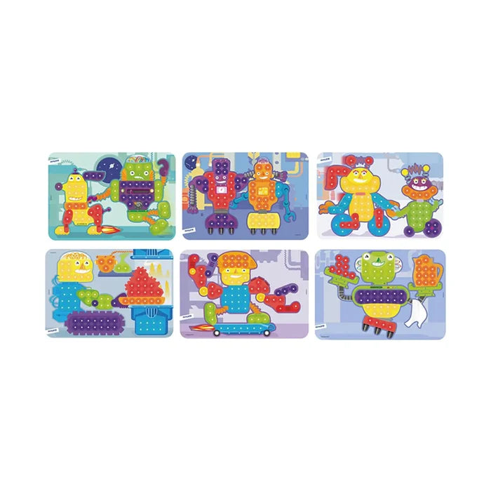 Six robot-themed activity cards featuring colorful characters created with bright red, yellow, blue, and green pegs.