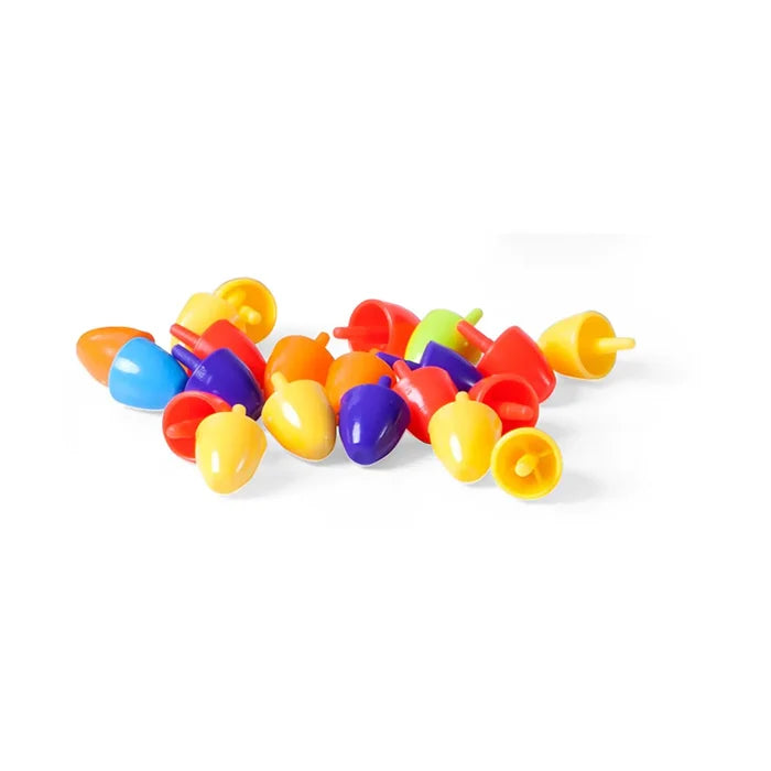 Assorted bright red, yellow, orange, lime, blue, and purple acorn-shaped plastic pegs.