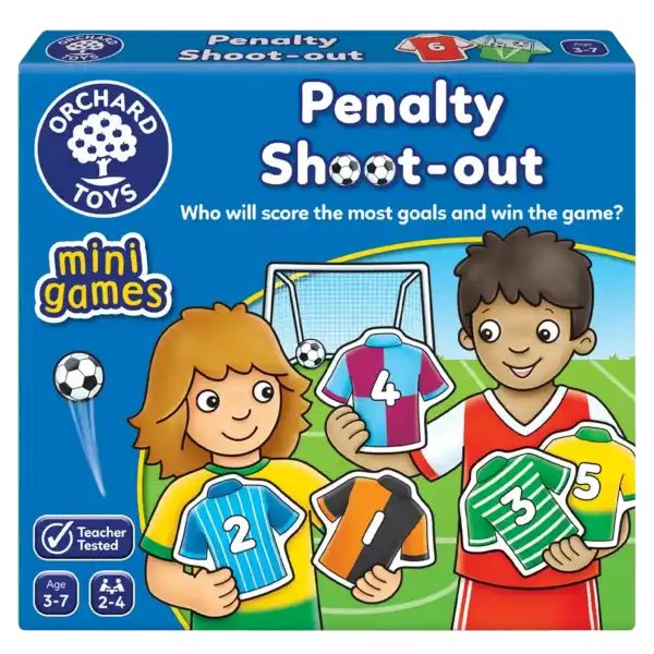 Orchard Toys blue game box showing two children holding colorful numbered soccer jerseys on a green soccer field.