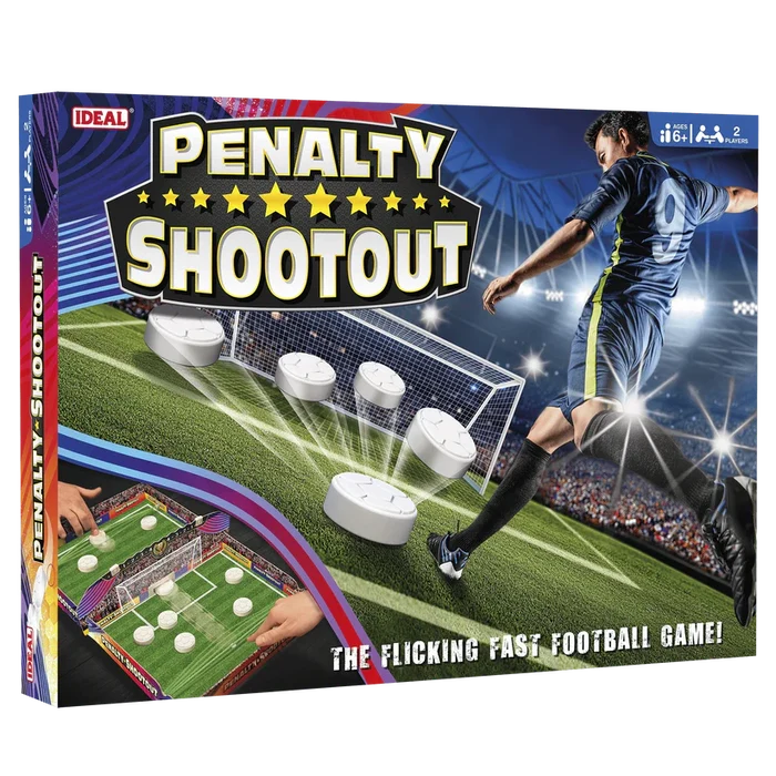 Penalty Shootout game box featuring a footballer kicking white discs and an inset of hands playing on a green pitch.