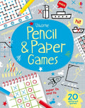 Book cover with a blue circle title and sketches of tic-tac-toe, hangman, and battleships on a gray grid background.