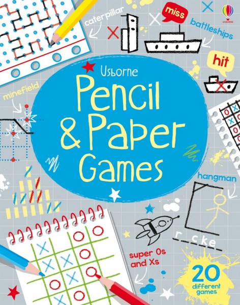 Book cover with a blue circle title and sketches of tic-tac-toe, hangman, and battleships on a gray grid background.