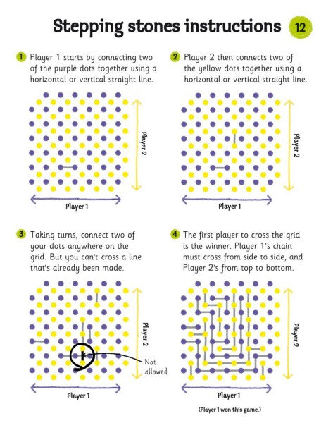 Four-step illustrated instructions for the Stepping Stones game using grids of purple and yellow dots.