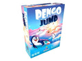 Blue board game box featuring cartoon penguins jumping on ice floes against a colorful sunset sky.