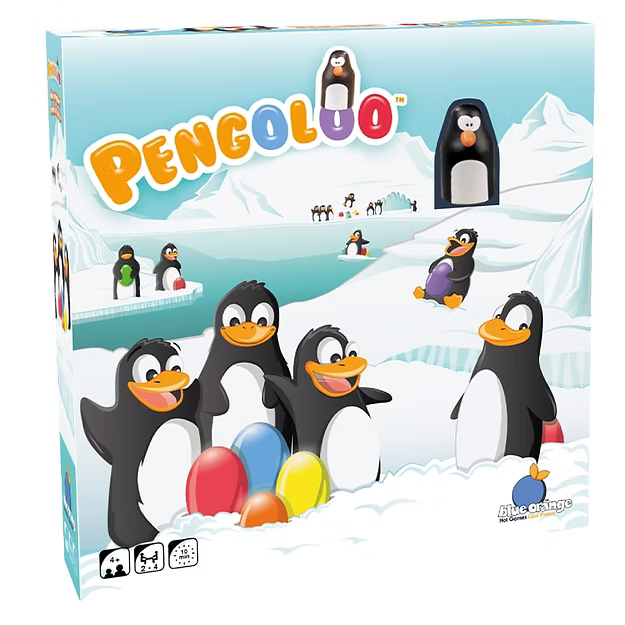 Square Pengoloo board game box featuring cartoon penguins and colorful eggs in a snowy arctic landscape.