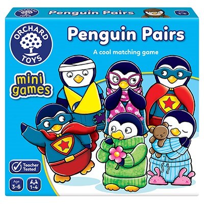 Blue box showing six colorful cartoon penguins dressed in various outfits like a superhero cape and cozy pajamas.