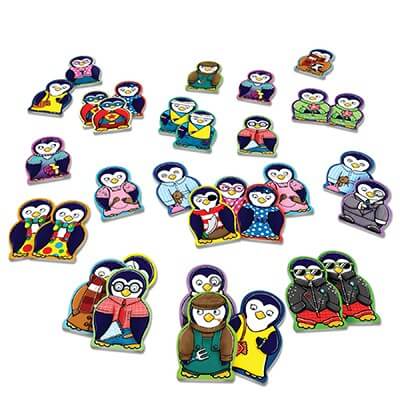 Colorful cartoon penguin tiles in matching pairs, each wearing a unique outfit like a pirate or superhero.