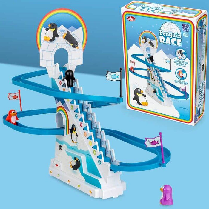 Blue and white penguin race toy with spiral slides, stairs, and penguin figures next to its colorful retro box.