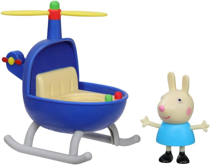 Blue toy helicopter with yellow rotor blades and a Rebecca Rabbit figure in a blue dress.