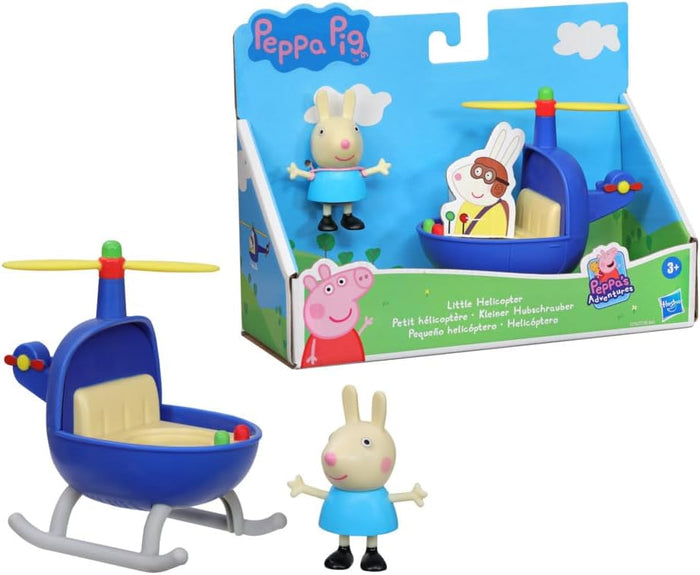 Blue helicopter with yellow rotors and Rebecca Rabbit figure shown loose and inside its colorful retail packaging.
