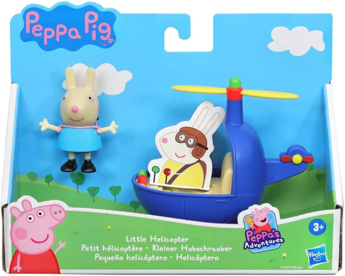 Peppa Pig toy set with a blue helicopter, yellow rotors, and Rebecca Rabbit figure, displayed in themed box packaging.