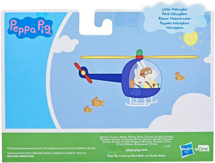 Back of toy packaging showing a blue helicopter with yellow rotors and a rabbit pilot in a sunny sky with cartoon birds.