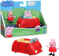 Red toy car and Peppa Pig figure in a red dress, displayed in and out of a colorful blue and green themed box.