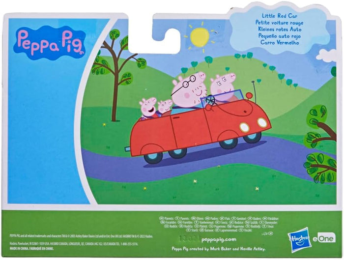 Back of toy package showing Peppa's family in a red car on green hills. Includes Hasbro and eOne logos.